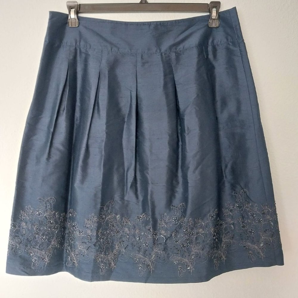 Janeville Y2K A-Line Blue Embroidered Silk Skirt with Floral Beading Detail NWOT